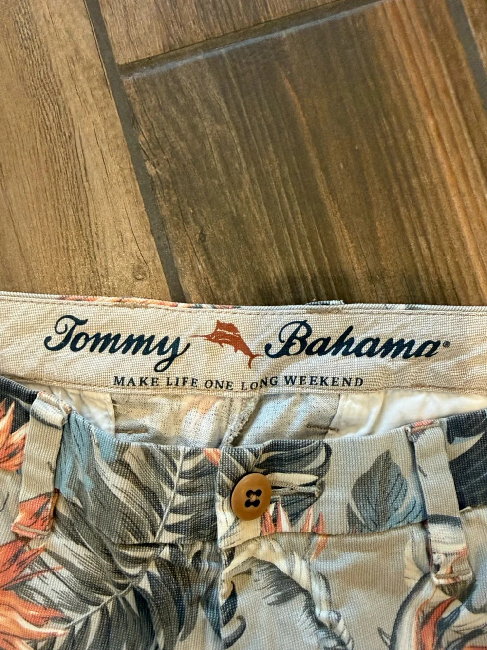 Tommy Bahama Beige Floral-Leaf Print Bermuda Shorts with Blue & Orange Accents